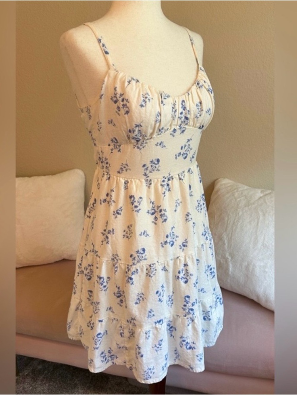 New Y2K Hollister White Linen Blue Floral Milkmaid Open Back Mini Dress Medium - Picture 13 of 15